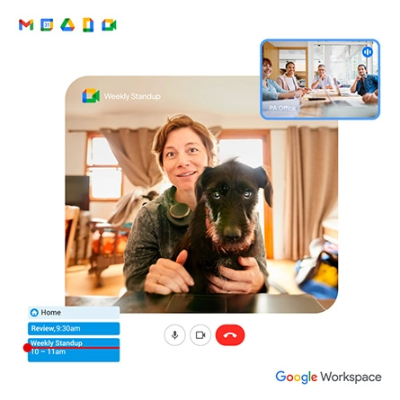 Google Calendar and Meet screenshot of virtual meeting with woman and dog.