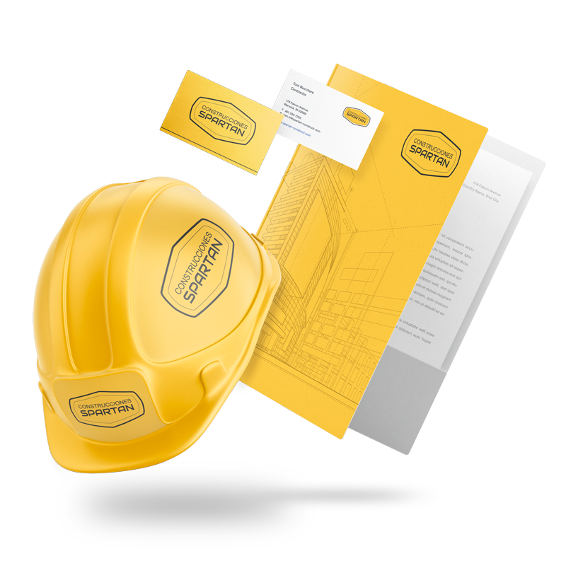 Spartan Construction es un logo creado con Logo Maker, y representa a una compañía de construcción con un diseño audaz para usarse en equipo de la marca, tarjetas de presentación y más