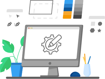 Computer omringd door online ontwerptools die instructies geven voor het maken van ontwerpen