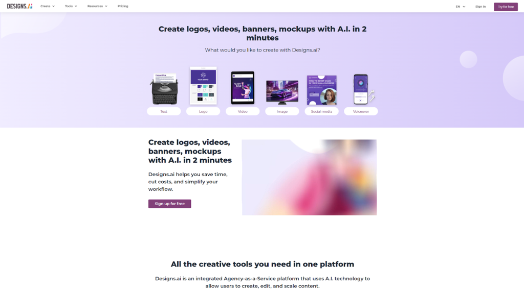 Designs.ai Homepage